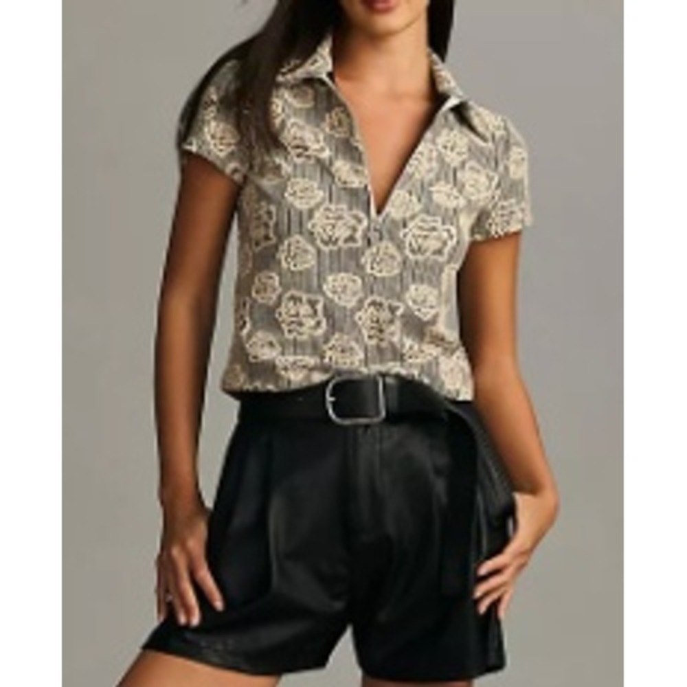 Maeve Polo Top Womens Large Floral Jacquard 1/4 Zip Black Cream Pullover Boho - Picture 2 of 11